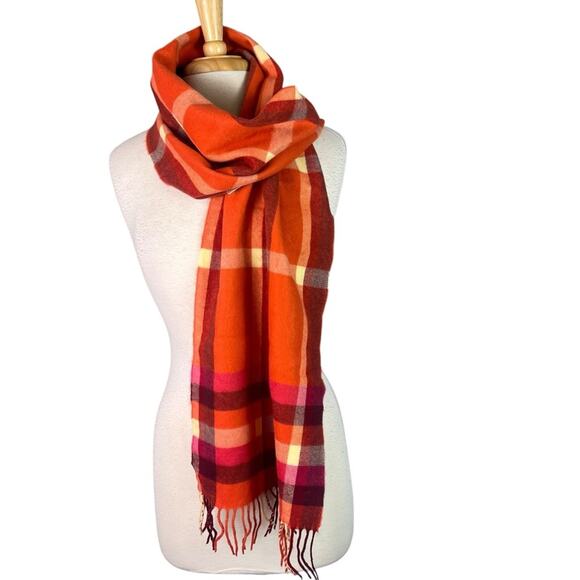 Cashmere Scarf Fringed Plaid Orange Red Made England Fall Winter Cozy Soft - Picture 2 of 8